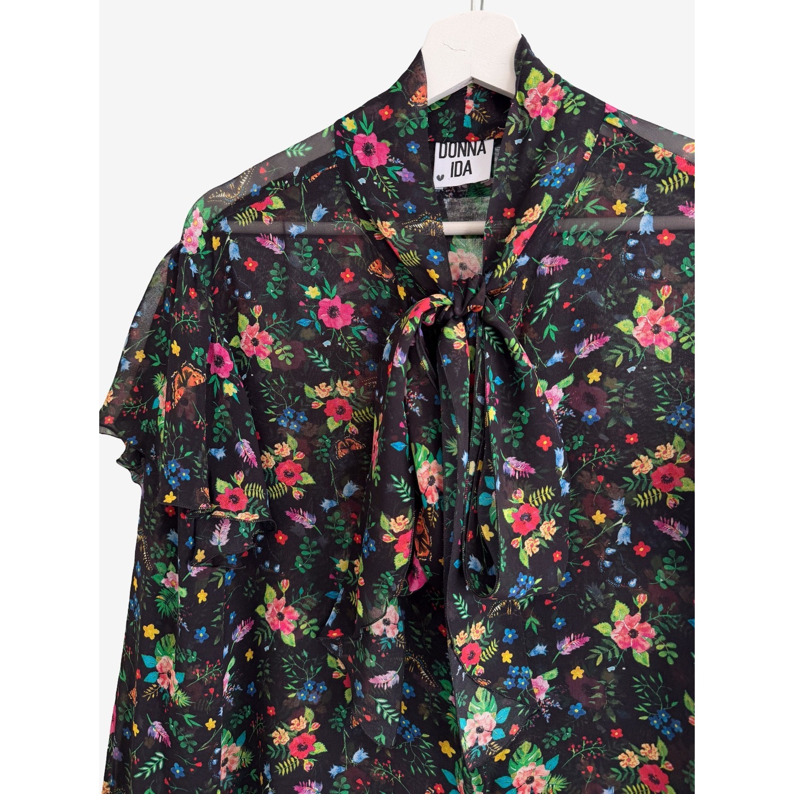 Donna Ida Blouse Whimsical Butterfly Floral 100% Silk Tie Neck Flutter Large — image 3 of 8
